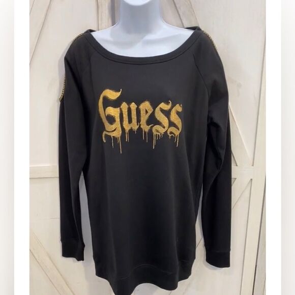 Guess Studded Cold Shoulder Logo Sweatshirt In Black & Gold Size Medium - Picture 11 of 11